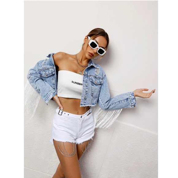 Tassel Detail Light Wash Blue Denim Jean Jacket Crop Button Front Pockets - Picture 5 of 8